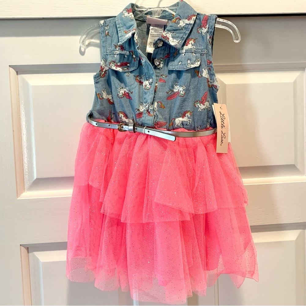 NWT Little Lass kids unicorn denim tulle dress w rhinestones and belt, size 2T